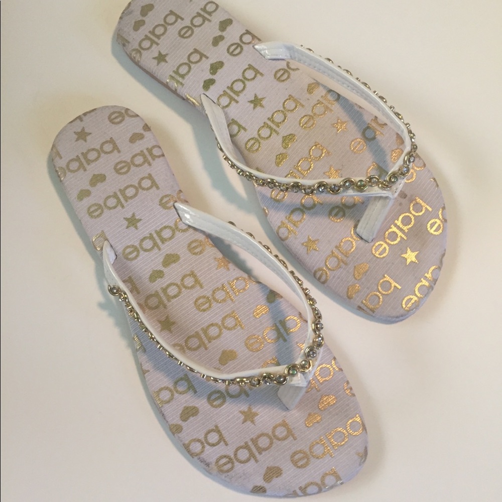 Babe, white/gold sandals, rhinestone straps, $10.